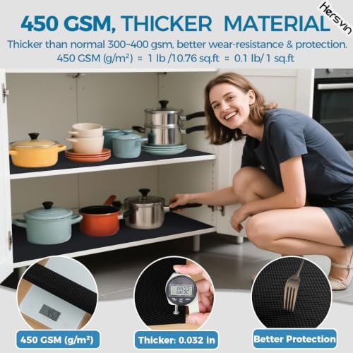 Hersvin Shelf Liners, 24 in x 20 ft Kitchen Drawer Mats, Non-Adhesive EVA Cupboard Protector, Cabinet Lining (Black Dot)