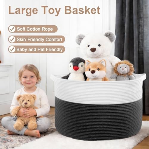 105L Large Blanket Basket Storage with Handles - White & Black