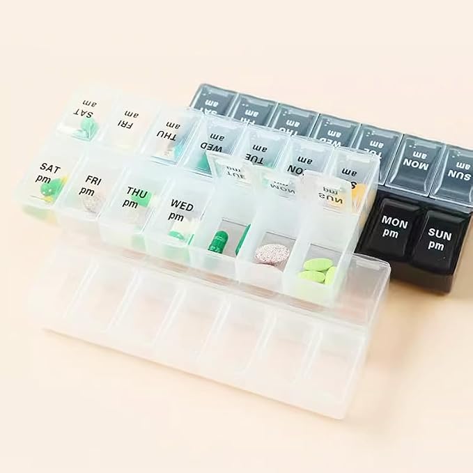 Large Pill Organizer, Weekly Portable Pill Dispenser Reminder Box | Travel Daily Pill Case Holder, Medication Planner for Vitamin, Medicine, Fish Oil, Supplements, 14 Compartment, Transparent