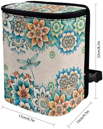 DISNIMO Boho Floral Dragonfly Car Trash Can, Car Garbage Bag Bin with Lid Hanging Waterproof Leak-Proof for Car Accessories Automotive Vehicle