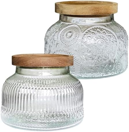 Decorative Glass Jars with Airtight Wooden Lids 2 pack, 25.4 fl. oz | Wide mouth vintage storage canister, kitchen pantry bathroom organization, coffee sugar tea cookie candy candle vase gift