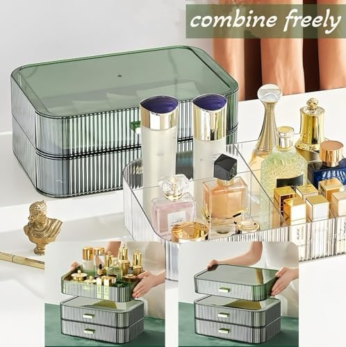 Stackable Cosmetics Organizer Drawers, Bathroom Vanity Makeup Organizers and Storage, Ideal for Desk and Dresser Countertops, Great for Palette, Skincare, Lipsticks, Nail Care. Green