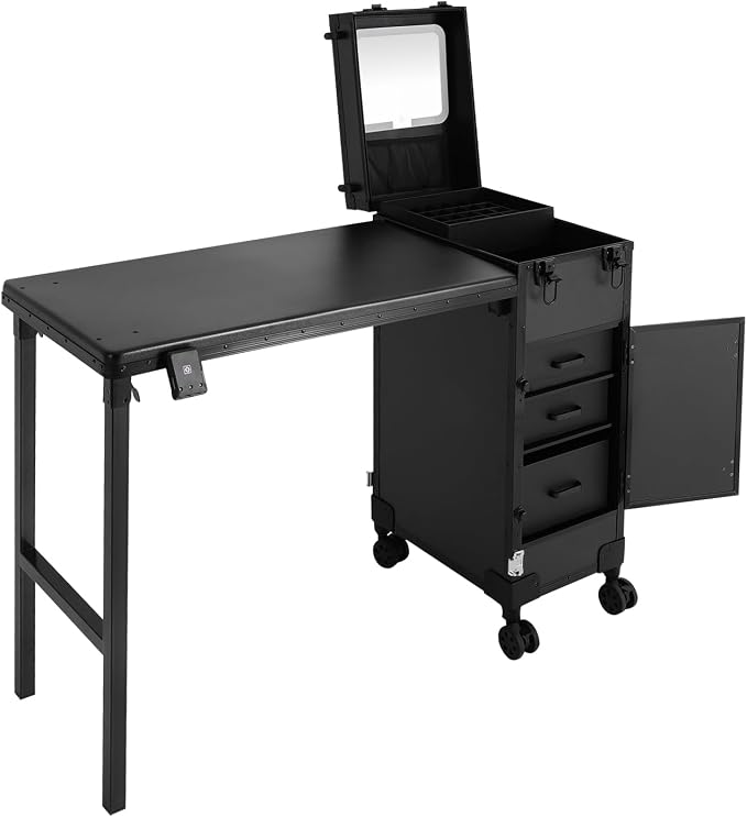 Portable Rolling Travel Nail Desk, Foldable Nail Tables Travel Cosmetic Trolley Storage Organizer with LED Mirror & 3 Drawers for air Stylists Pet Groomers Makeup Artists Salon (Black2)