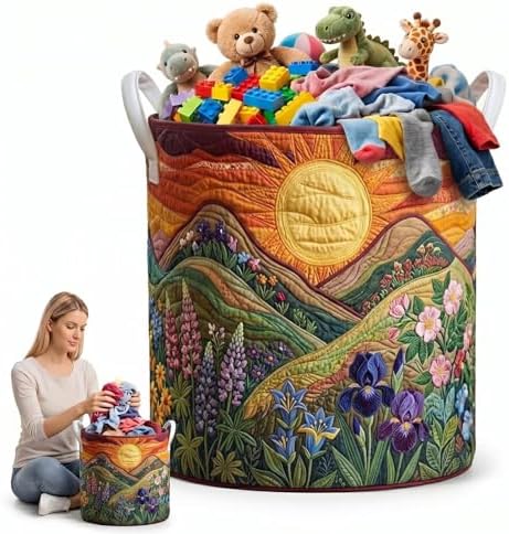 Colorful Floral Garden Laundry Hamper Sunset Mountain Fabric Clothes Basket Large Round Blanket Bin Aesthetic Living Room Decor(16" x 22")