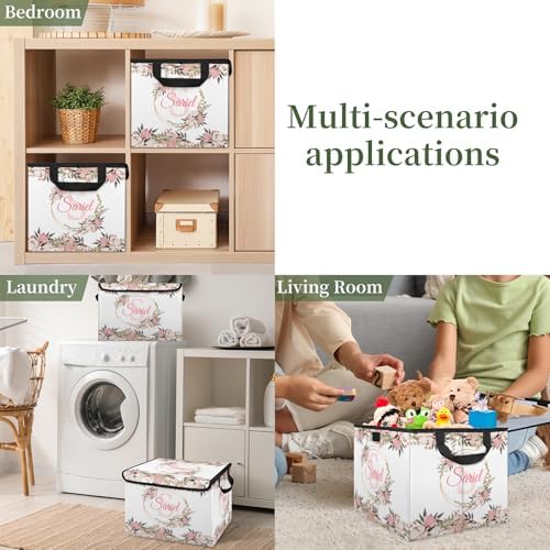 Pink Flower Storage Bin with Lid Personalized Storage Baskets for Organizing Foldable Closet Organizers with Handles,Cute Basket for Boys Girls for Clothes Blanket Pet Dog Toy Basket Storage (2 Pack)