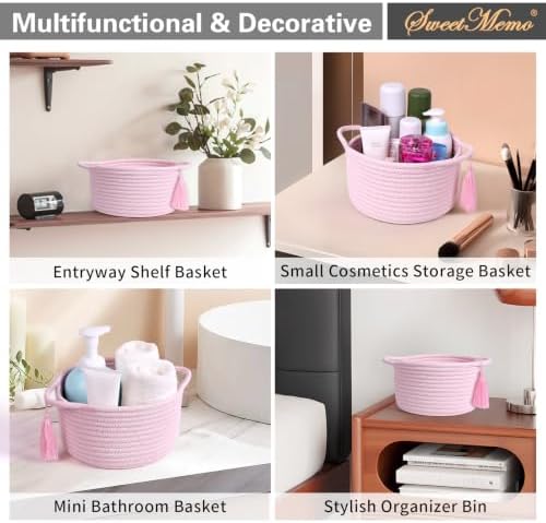 Small Gift Basket Empty to Fill, Cellophane Bag & Ribbon, Pink | Cute Decorative Mini Woven Rope Basket with Handles for Gifting; Reusable for Bathroom Counter or Desk Catchall, 8 x 4.7 in