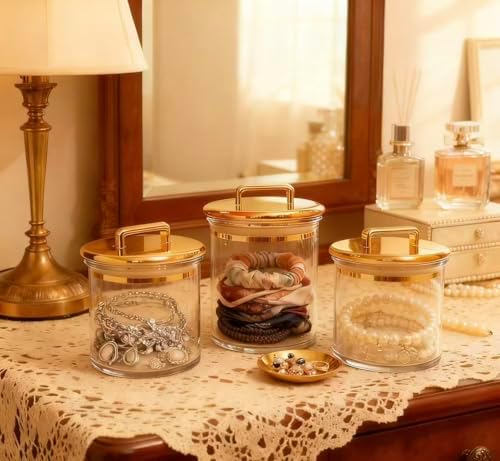 Acrylic Bathroom Storage Jar with Gold Lid – Airtight Clear Canister for Qtip Holder, Cotton Pad Jar, Bath Salt Container, Candy & Snack Canister, Vanity & Countertop Organizer 4.8"