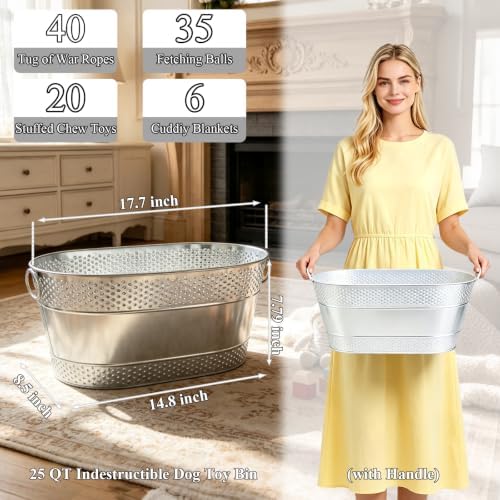 Indestructible Metal Dog Toy Storage Bin, Silver Pet Toy Storage Basket for Living Room Area, Sturdy Chew Proof Puppy Toy Box with Handle, Large Capacity 25 Quart
