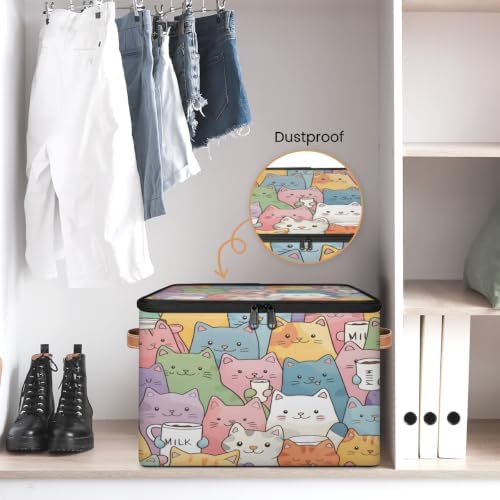 Cute Cartoon Cats Storage Box with Zipper Lid | Collapsible, Fabric, Storage Bin, Handle, Large, Closet Organizer, Containers, Bedroom, Home, Cat