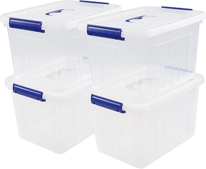 4-Pack 10 L Plastic Storage Box, Clear Storage Box with Lid | Secure Side Buckle Latches, Dustproof Lid, Clear Visible Body, Stackable Compact Size, For Home Office Small Item Storage