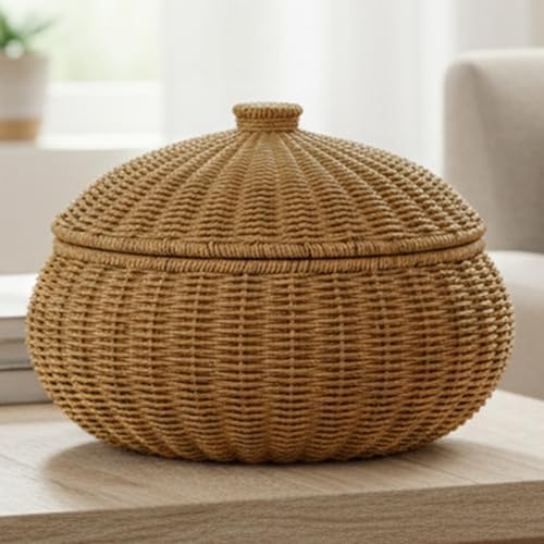 Round Rattan Boxes with Lid, Natural Woven Storage Basket Bin with Cover, Weaving Decorative Shelf Basket Snacks Tea Set Storage Box-13.78x13.78x8.27inch