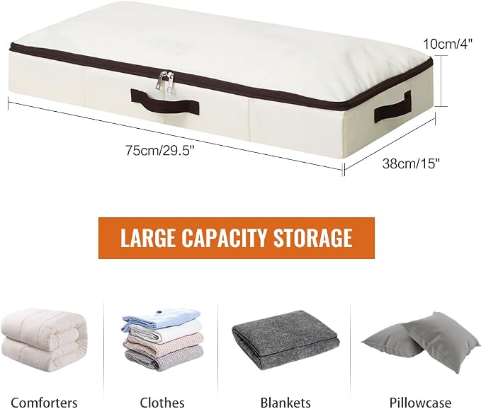 AMJ 3 Pack 4inch Underbed Storage Bins, Under Bed Storage Containers with Zippers for Blanket, Pillows, Comforters & Quilts, Beige