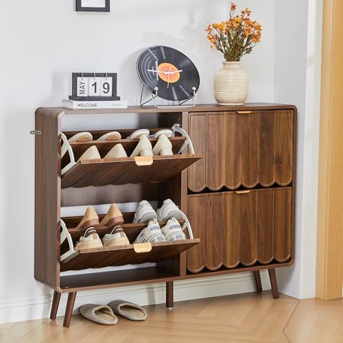 ORRD Shoe Storage Cabinet for Entryway with 4 Flip Drawers, Freestanding Narrow Wood Shoe Cabinet with Wave Panel, Hidden Shoe Organizer for Foyer, Hallway (Walnut)