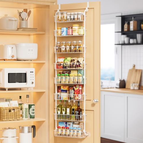 Delamu Over The Door Pantry Organizer, 8-Tier Hanging Spice Rack | Large Pantry Door Organization and Storage Seasoning Shelves, Door Organizer for Kitchen, 17.1"W x 65.4"H x 5.8"D, White