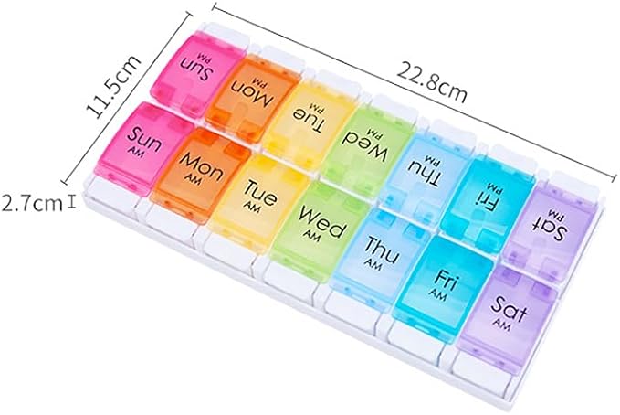 Push Button 7-Day Pill Case, Daily Travel Vitamin Medicine Planner | Twice a Day AM PM 14 Compartments Pill Box Organizer Reminder for Fish Oil, Supplement, Arthritis Friendly, Colorful Lids