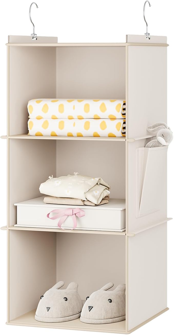 YOUDENOVA Hanging Closet Organizer and Storage for Clothes, 3-Shelf, Beige | Locker/RV/Camper Organizer, Side Pocket, Hanging Shelves for Small Closet, Dorm Room Essentials for Guys, Breathable Fabric