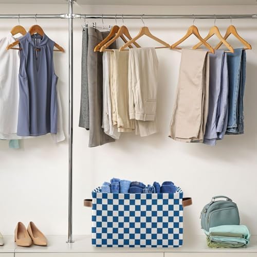 Navy Blue Grid Checked Plaid Storage Basket Canvas Fabric Foldable Storage Bins Boxes Organizer with Handles for Home 14×10×8.3 Inch 1 Pack