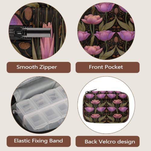 Travel Pill Organizer Vintage Pink Purple Tulips Small Pill Case