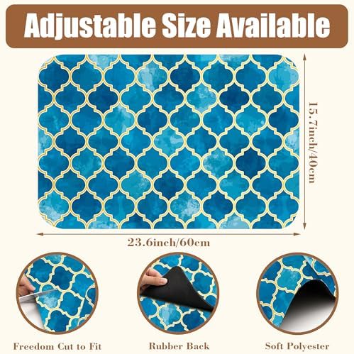 Dish Drying Mat Blue Moroccan Tile Coffee Bar Mat for Countertop Absorbent Hide Stain Rubber Backed Dish Drainer Rack Pad Coffee Maker Espresso Machine Dining Room Decor 15.7 x 23.6 Inch