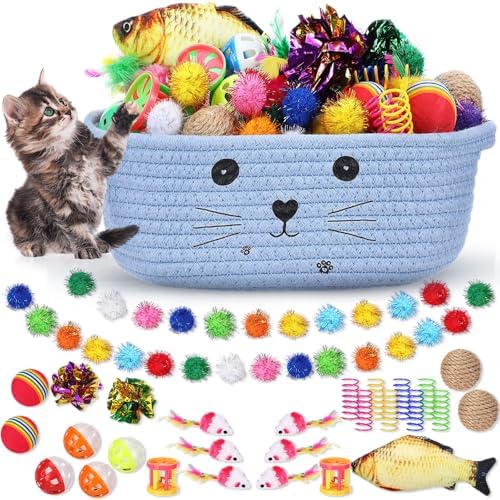Zopeal 58 Pcs Summer Cat Storage Basket Gift Toys Set, Colorful Flashing Balls Pet Bell Crinkle Balls Spring Toys Attract Cat to Swat, Hunt, Interactive for Pet(Light Blue,9.8 Inch)