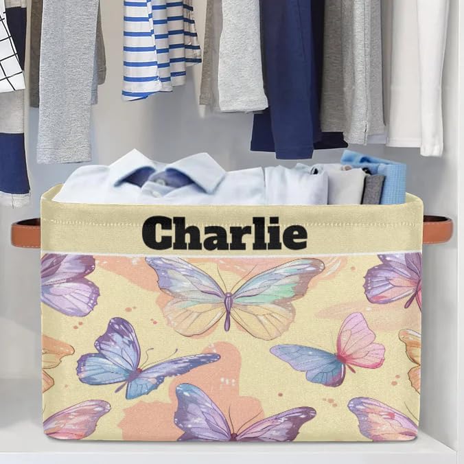 Personalized Storage Bins, Customized Name Storage Basket Rectangle Clothes Organizer for Organizing Kids and Pets Toys Shelf Closet, Watercolor Pink Purple Butterflies Yellow