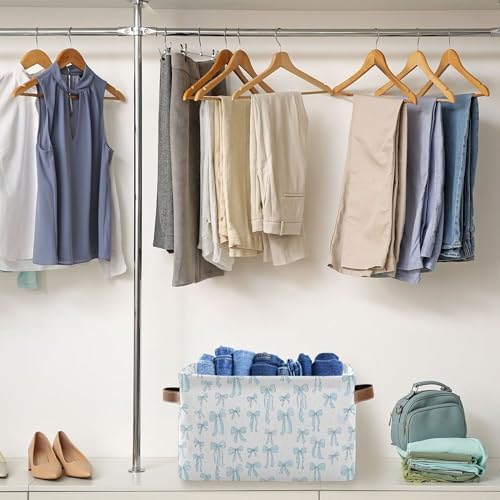 Wamika Bow Blue Storage Basket with Waterproof Liner and PU Handles Bowknot Cute White Storage Bins Boxes 14.2" Collapsible Decorative Organizer Baskets for Bedroom Closet Office 2 Pack