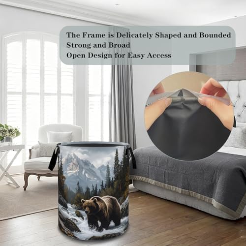 Bear Laundry Basket Hamper, Organizer Bins Gifts for Women Kids, Wilderness Wildlife Foldable Waterproof Clothes Hamper Handles Storage Bucket for Bedroom Bathroom Room Decor 19.7"x15.7"