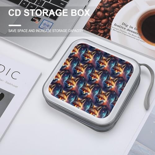 Portable 40-Capacity DVD Storage Binder Space Fox Art, Hard Case CD Holder with Zipper, Organizer for Music Movies Game Discs