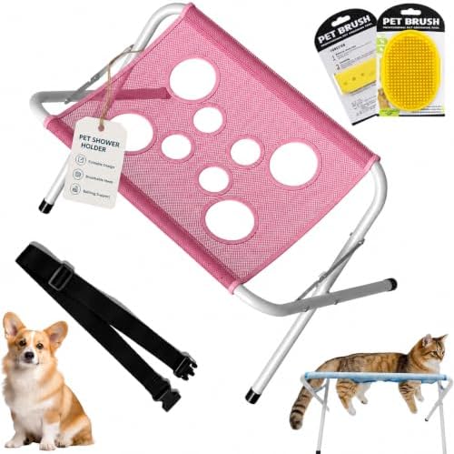 Foldable Pet Bathing Stand, Dog Grooming Hammock for Bathing (Pink) | Foldable Pet Bathing Stand with Quick-Dry 8-Hole Mesh, Stable Steel Grooming Rack for Washing and Nail Trimming