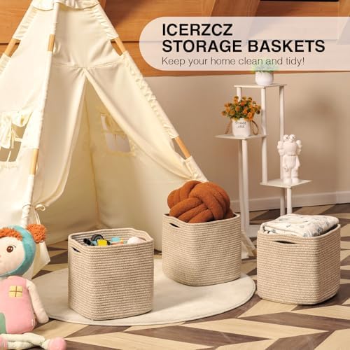 ICERZCZ 13 Inch Cube Closet Storage Bins 13x13x13 in, Mixed Brown Pack of 3 | Woven Cotton Rope Organizer Baskets for Organizing & Shelves, Books, Towels, Clothes, Toys, Living room, Bathroom, Nursery