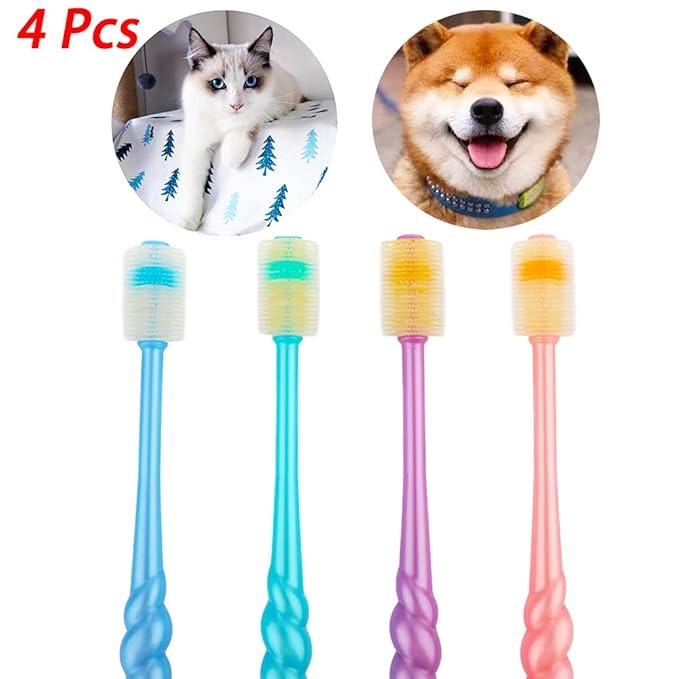 DQITJ 4 Pcs 360-Degree Small Dog and Cat Soft Toothbrush Soft Silicone Deep Pet Teeth Cleaning Kit (Colors May Vary)
