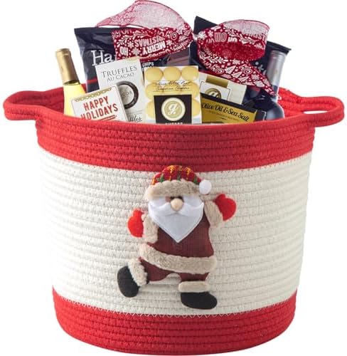 Christmas Basket with Santa Claus Doll, Woven Cotton Rope Christmas Storage Basket with Handles, Christmas Toy Baskets for Towels, Diapers, Red