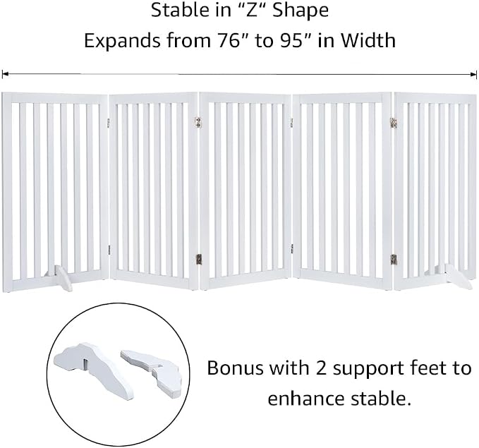 unipaws 36”H Free Standing Pet Gate for Dog Cat, 100”Wide Wooden Dog Gates | Foldable Pet Fence for Doorway, Stairs, Step, Expandable Doggy Barrier, Room Divider, Indoor Use, White