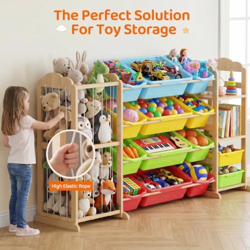LAMU 3-in-1 Toy Organizer with Bookshelf, Stuffed Animal Storage with 12 Bins and 3 Shelves, Wooden Book Shelf for Playroom Kids Room Nursery Bedroom Living Room Decor, Multi-Colored
