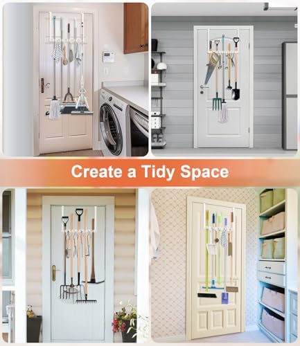 Broom Holder Over The Door with 4 Over Door Hook, Drilling Free Mop - White | Save Space, Metal Mop and Broom Storage Wall Mount Broom Storage Tool Organizer for Laundry Room Garage Kitchen Bathroom