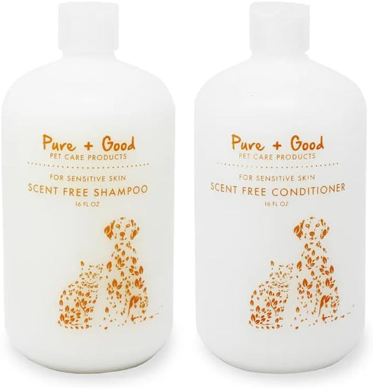 Pure + Good - Shampoo and Conditioner Set, Formulated for All Pets, Gentle and Cleansing, Made in The USA, Cruelty Free, 16 fl oz (Scent Free)