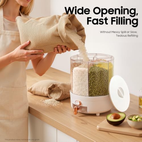 360° Rotating 6 Grid Rice & Cereal Dispenser, Dry Grain Storage Organizer | Rice Storage Container with Independent Drawer and Lid, Dry Food Dispenser for Store Rice&Various Beans, 14.33lbs Capacity