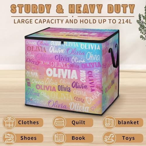 Personalized Extra Large Storage Basket with Lid, Comforters, Watercolor Painted Rainbow Colorful Bedding Storage Bin for Home, Collapsible Basket for Clothes, Moving, Car Trunk