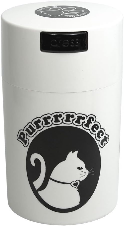 Tightpac Pawvac 1 to 6 Ounces Container, Airtight Pet Food and Treats Storage Jar - Patented Vacuum Seal Container for Pet Food, Treats and other Dry Goods - White with Cats
