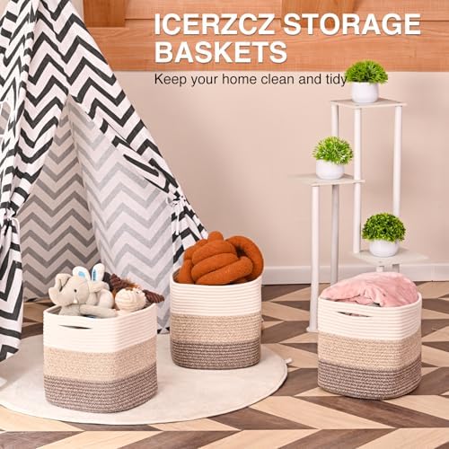 ICERZCZ 13 Inch Cube Closet Storage Bins, Woven Cotton Rope Organizer Baskets for Organizing & Shelves, Books, Towels, Clothes, Toys, 13x13x13 in, Gradient Brown (Pack of 3)