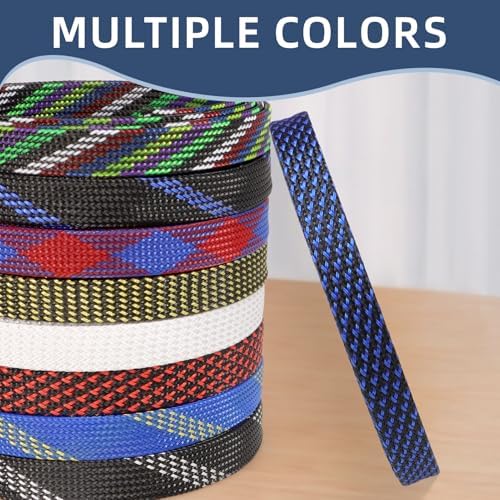 Braided Cable Sleeving, PET Expandable Braided Cable Sleeve, Flexible Mesh Sleeving Cord Management for Audio Video and Other Home Device, Cord Protector from Pets (Black Blue-2, 3/8")