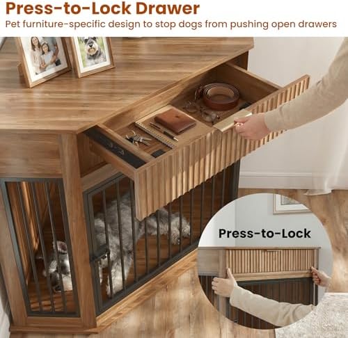 Corner Dog Crate Furniture with Drawer, White, Wood and Metal, TV Stand, Small to Medium Dogs (Walnut Finish + MDF+Steel)
