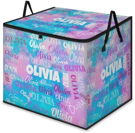 Custom Name Large Storage Bin with Lid, Personalized Storage Basket with Zippers for Organizing Comforters, Blankets, Bedding Closet Shelf Baskets, Watercolor Blue and Pink Galaxy Background