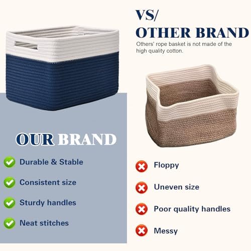 Storage Baskets for Organizing, 4 Pack Baskets for Shelves, Decorative Storage Bins for Shelves, Cotton Rope Storage Basket with Handles, Woven Basket for Storage, 13''Lx8.7''Wx7.9''H, White & Blue