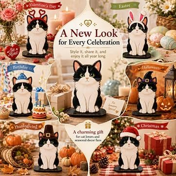 Interchangeable Seasonal Animal Wooden Decor Set | Magnetic Holiday Cat Dog Desk Sign Animals Figurines Tabletop Ornament to Dress up, Pet Magnetic Accessories with Hats(#D)