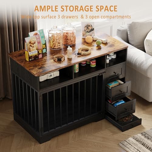 IDEALHOUSE 48'' Dog Crate Furniture with Bowl & Storage Drawers, Farmhouse Heavy Duty Dog Kennel Table for Small Medium Dogs, Indoor Wooden Dog Cage for Living Room, Entryway, Black