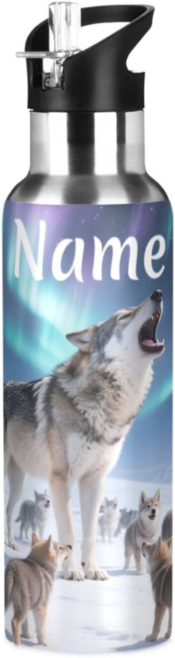 Custom Name Wolf Aurora Water Bottle with Straw Lid Kids Insulated Stainless Steel Water Flask Sports, 20 Oz Hot Cold