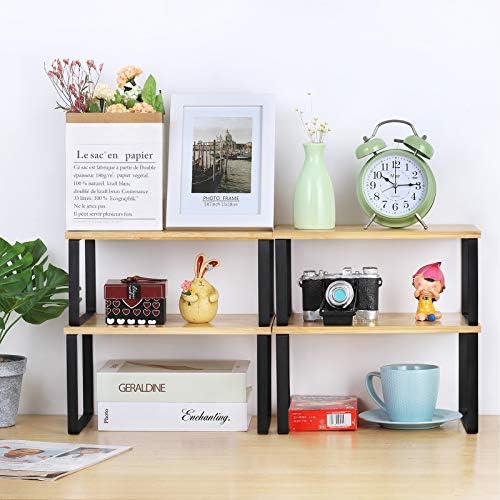 MOOACE Kitchen Cabinet and Counter Shelf Organizer, Stackable & Expandable, Set of 4, Black and Natural | Stackable & Expandable Spice Rack, Space-Saving Pantry Organizers Bathroom Countertop Storage, Natural and Black