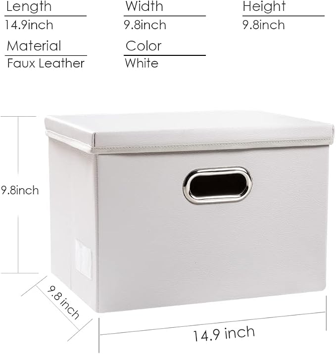 Collapsible Storage Bins with Lids [3-Pack] Leather Fabric Foldable Storage Boxes Organizer Containers Baskets Cube with Cover for Bedroom Closet Office Nursery White (14.9x10.8x10)