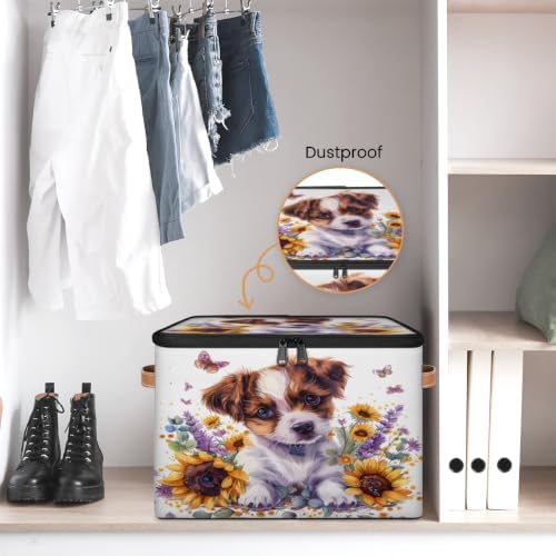 Cute Puppy Dog Sunflower Storage Box with Zipper Lid | Collapsible, Fabric, Storage Bin, Handle, Large, Closet Organizer, Containers, Bedroom, Home, Floral